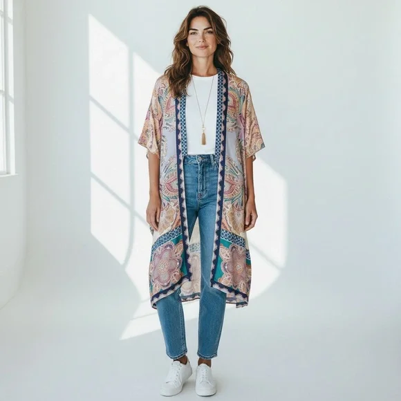 Chico's Medallion Print 100% Silk Ruana Wrap S/M - Picture 11 of 11